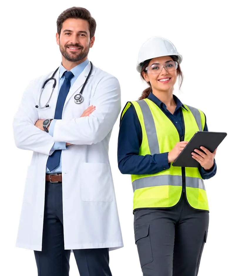 Médico do trabalho e profissional de segurança do trabalho utilizando equipamentos de proteção individual