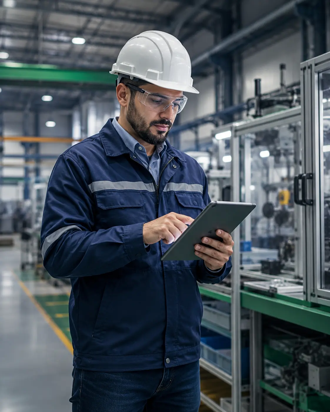 Engenheiro de segurança avaliando riscos em ambiente industrial