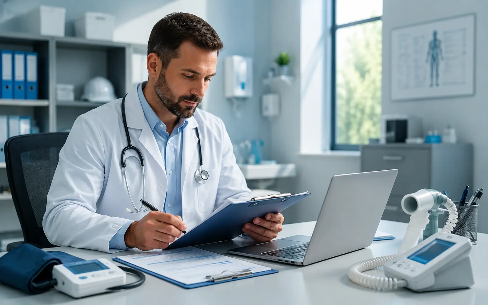 Médico do trabalho revisando informações de programa de saúde ocupacional