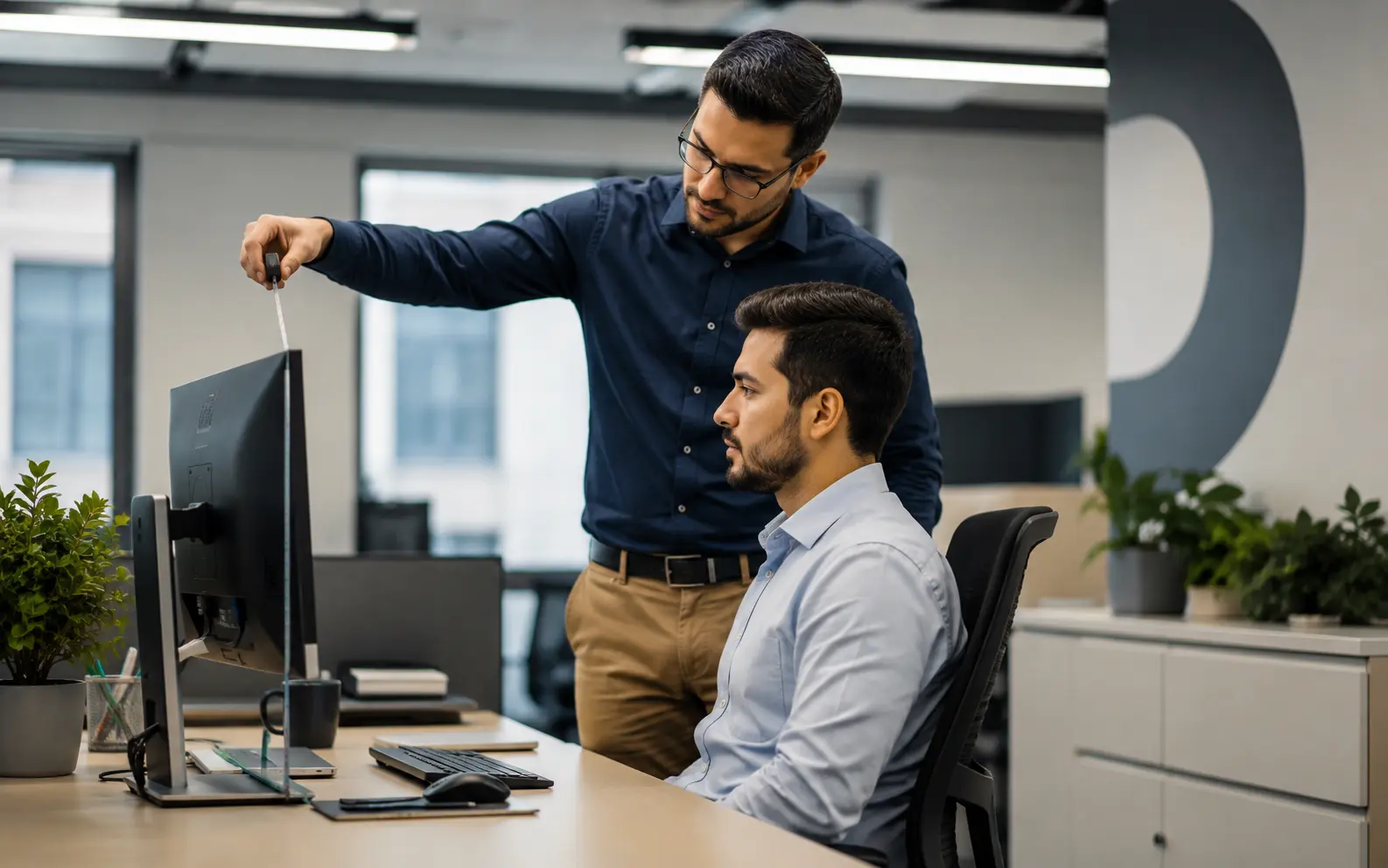 Especialista realizando avaliação ergonômica de posto de trabalho